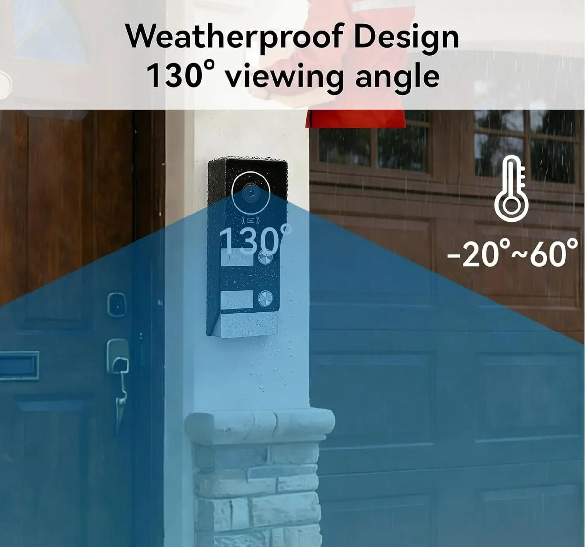 Weatherproof WiFi video doorbell with 130° viewing angle and temperature protection range