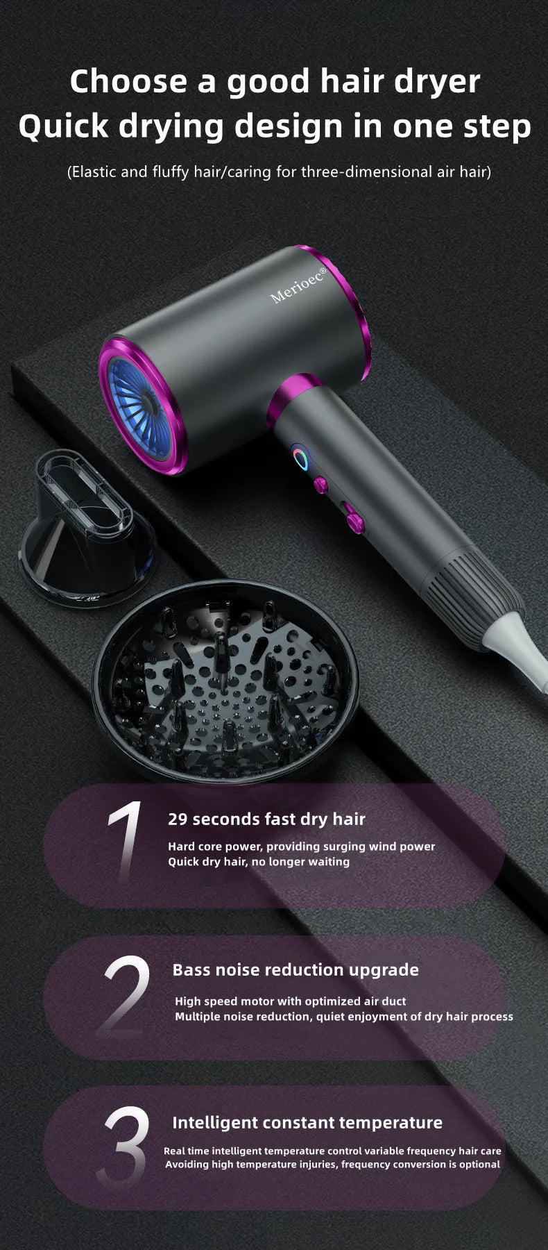 2400W high-speed grey ionic hair dryer with purple accents, diffuser and nozzle attachments for salon-quality styling.