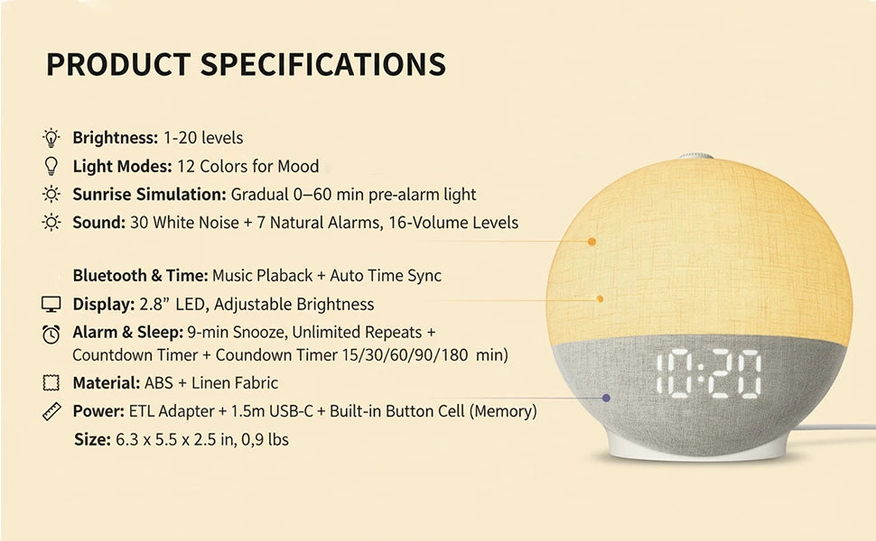 Wake Up Light Sunrise Alarm Clock White Noise Sound Machine Bluetooth Speaker Color Changing Night Lights for Bedroom Ideal Gift