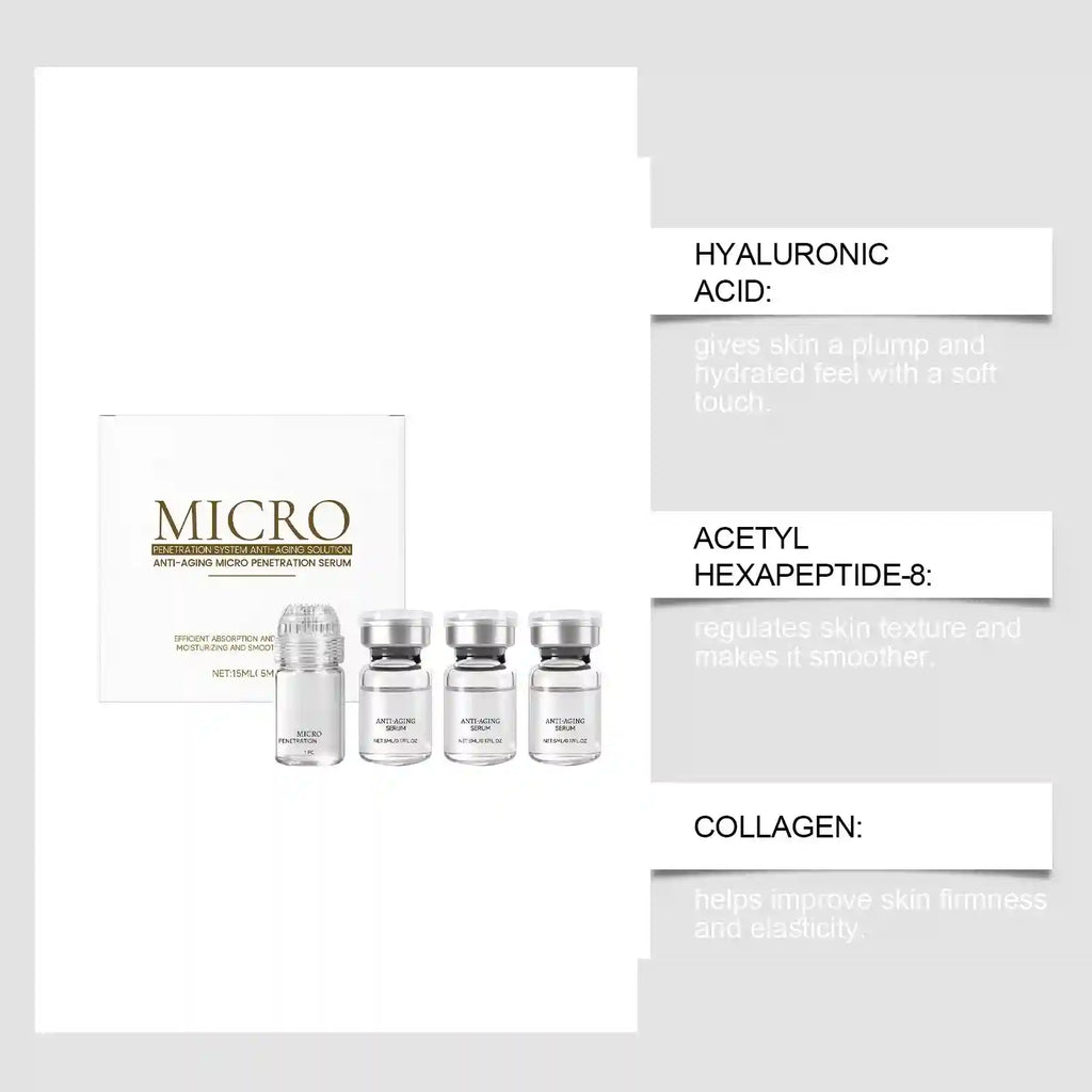 Micro Anti-Aging Collagen Essence Set with Hyaluronic Acid & Hexapeptide-8 in sleek glass vials for firming skin.