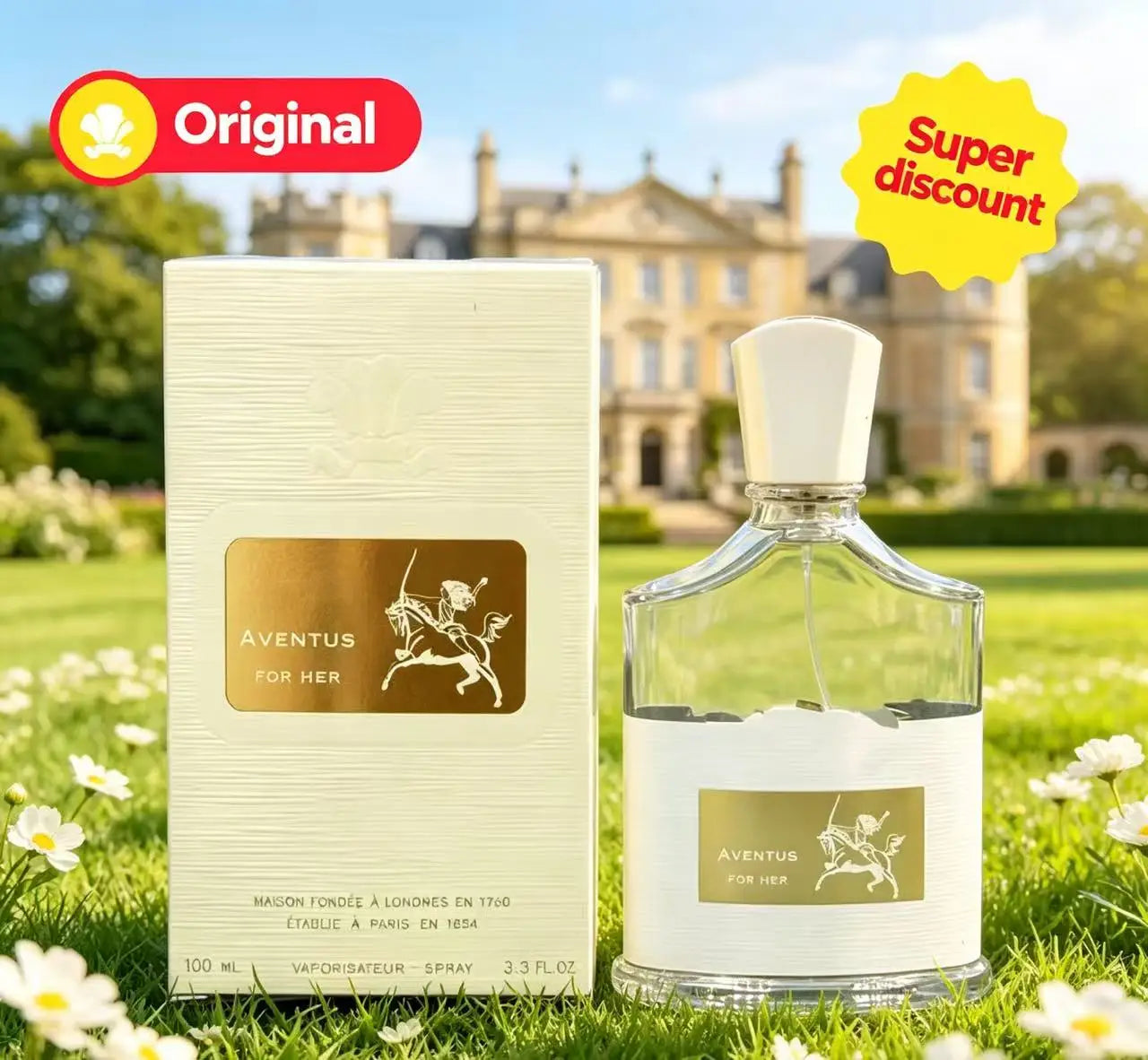 Creed Aventus For Her Eau de Parfum, 100ml spray bottle, iconic glass design, luxury floral scent for women.
