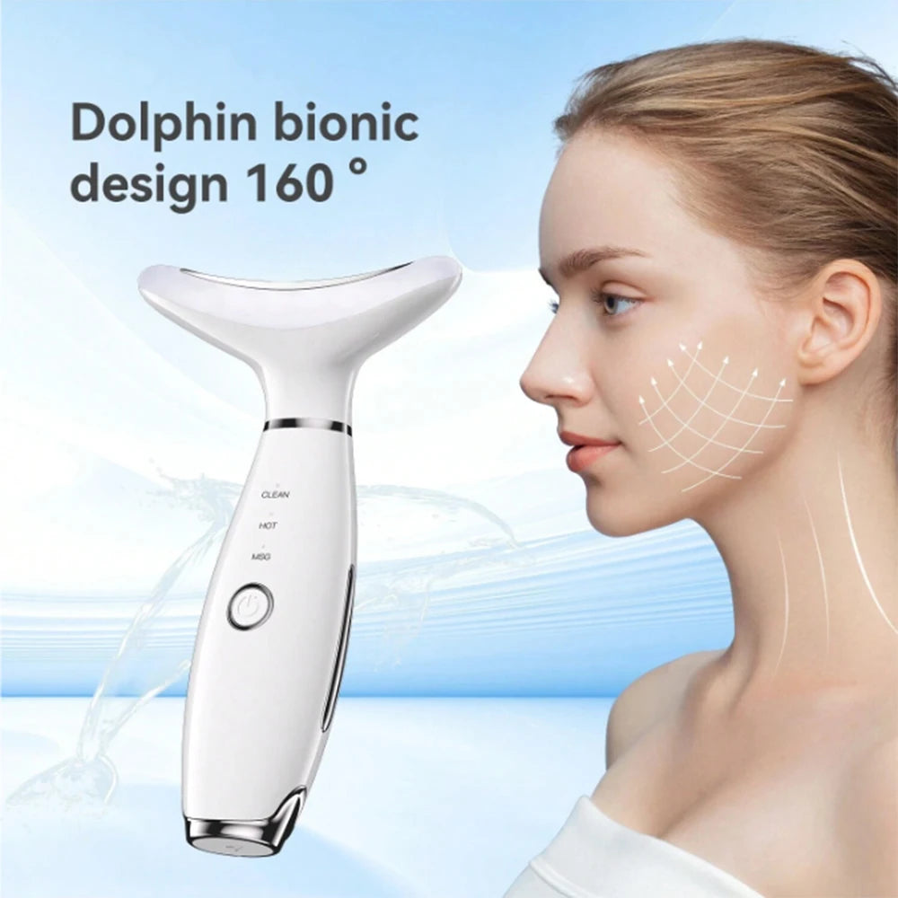 White, ergonomic dolphin-shaped facial massager with a curved head, power button, and setting labels.