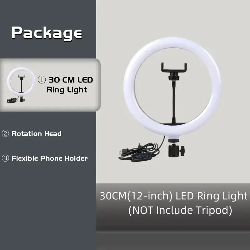 30cm white LED ring light with a flexible phone holder and rotating mounting head for photography and streaming.