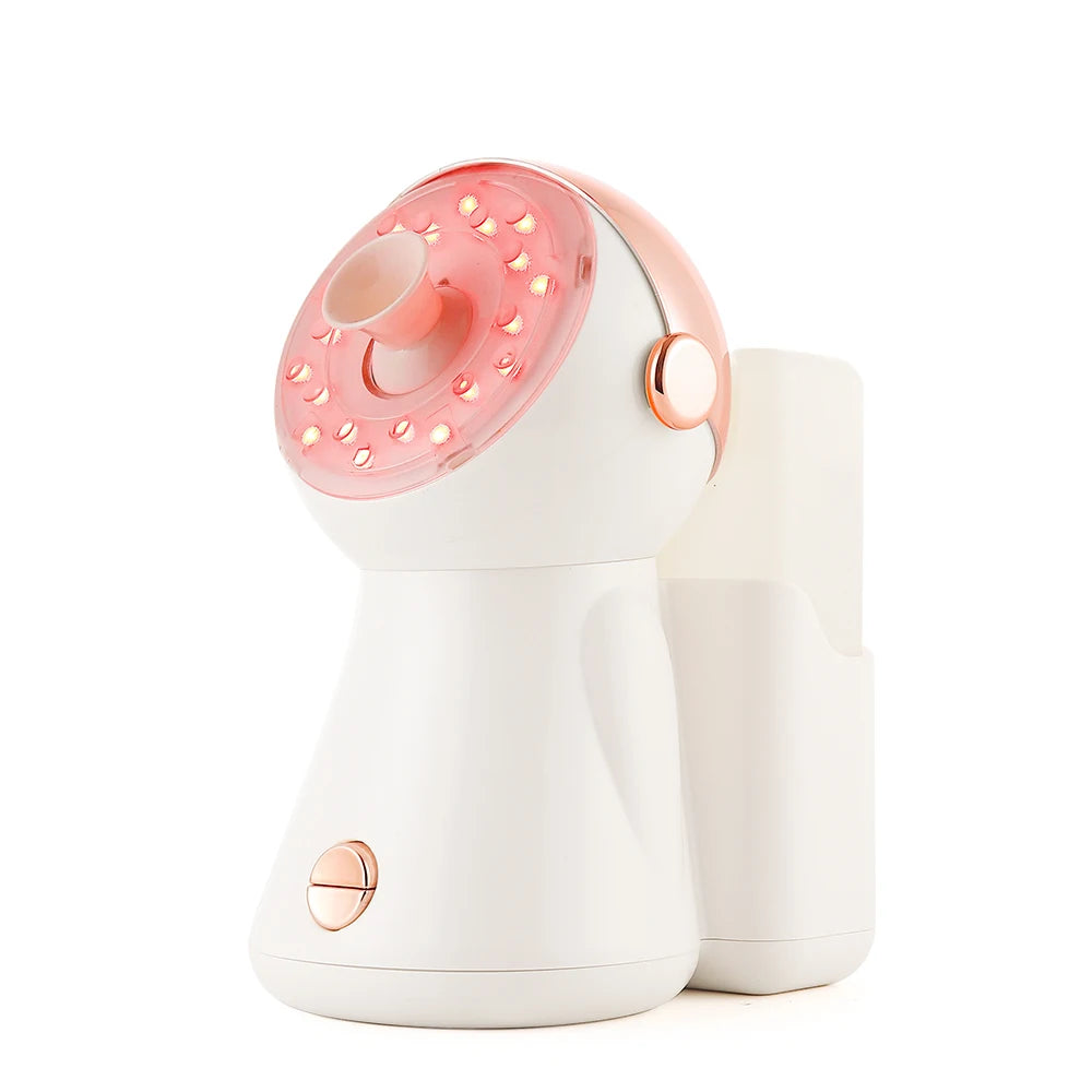 White and rose gold facial steamer with red light therapy, nano hot spray, and water tank for deep pore cleansing.
