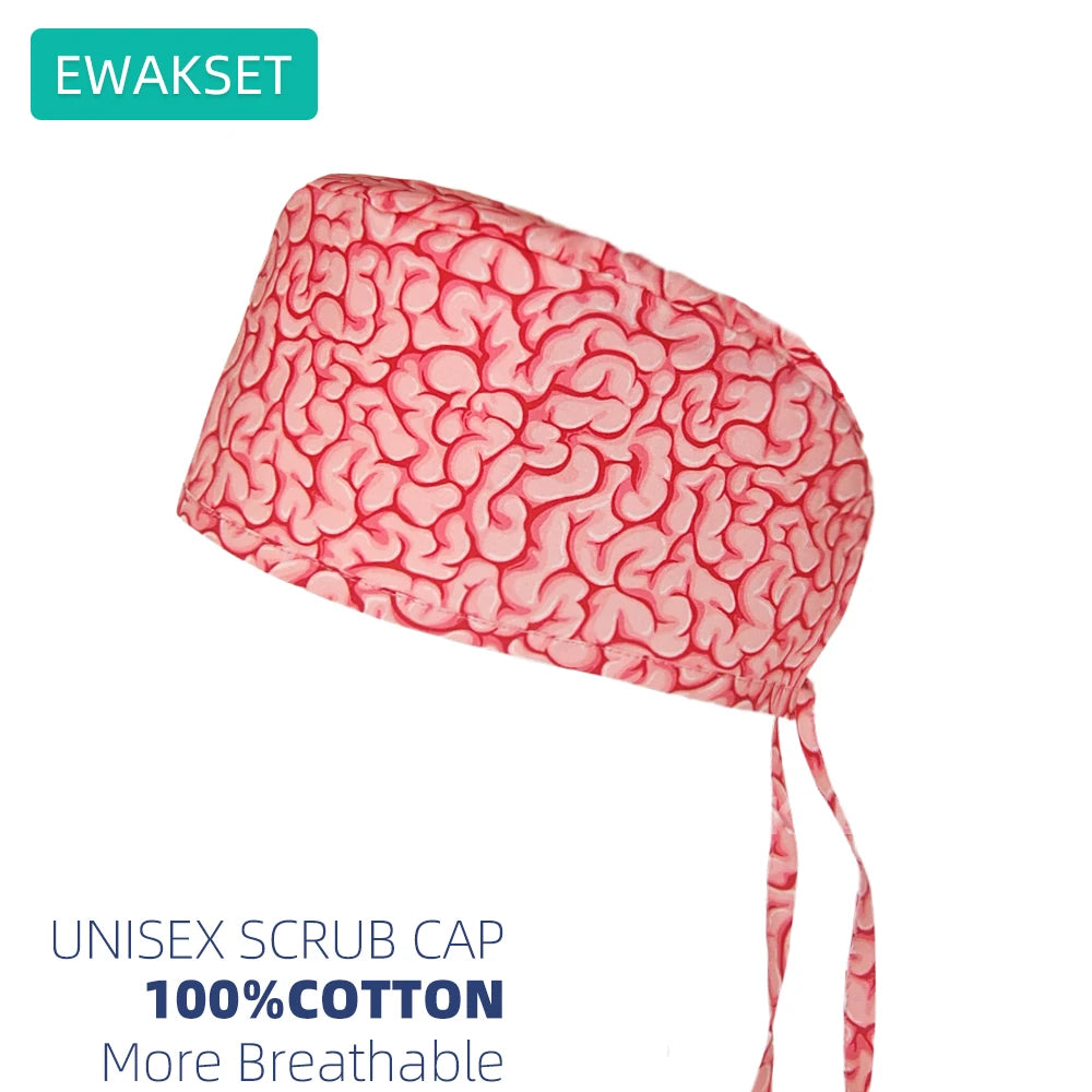 Adjustable unisex cotton scrub cap with brain print for vet, medical, and dental professionals. Breathable surgical hat.