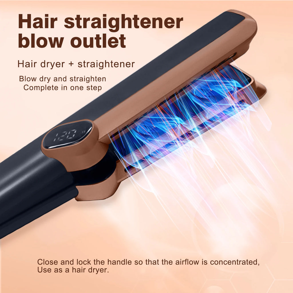 2-in-1 bronze and black hair dryer and straightener with LCD display, featuring airflow styling for wet and dry hair.