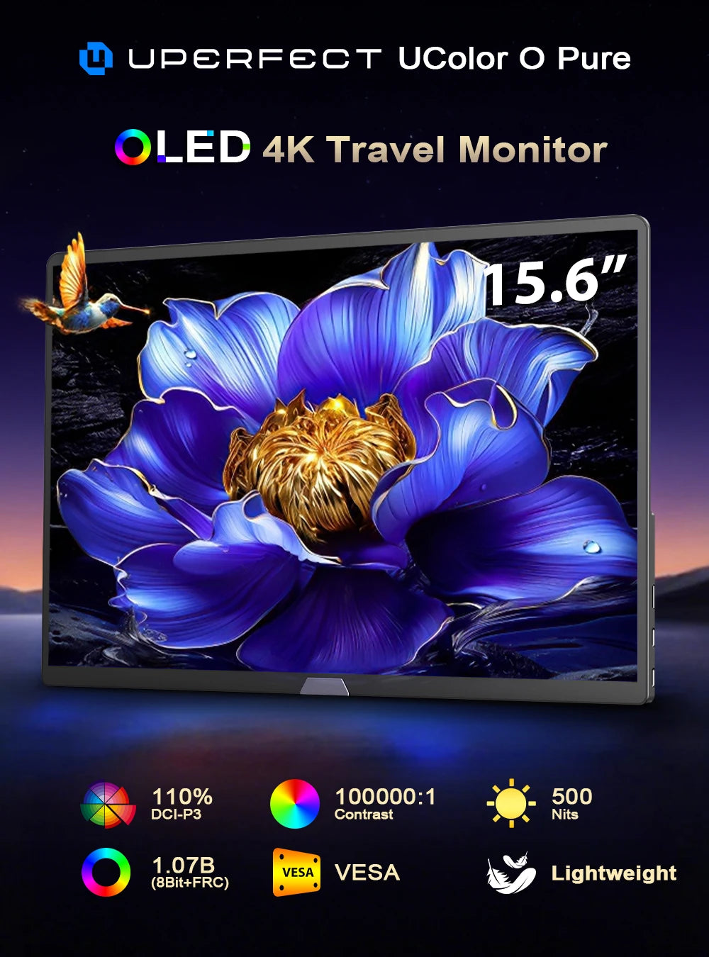 UPERFECT 15.6“ 4K OLED Portable Gaming Monitor 16:10 500Nits 0.1MS Laptop Display Ultra-Slim Aluminum Design Built-in Kickstand
