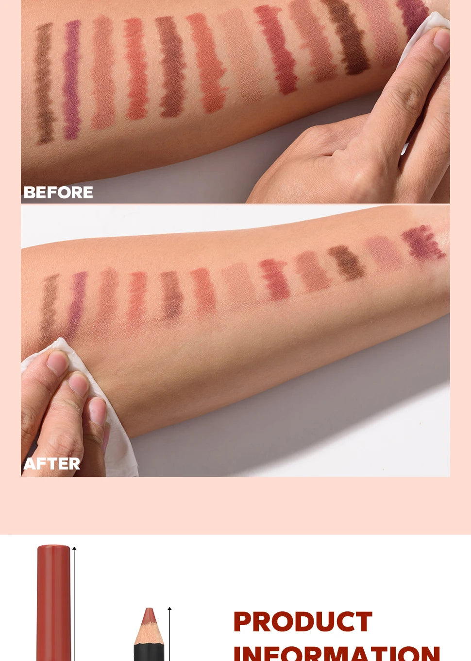 4-piece nude brown wood lipstick set: velvet matte, waterproof swatches shown before and after wiping on skin.