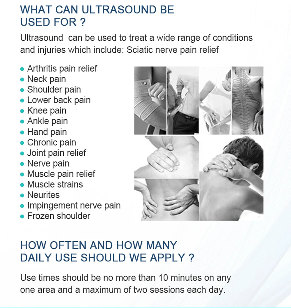 1MHz ultrasound physiotherapy device for muscle and joint pain relief, treating back, neck, shoulder, and nerve pain.