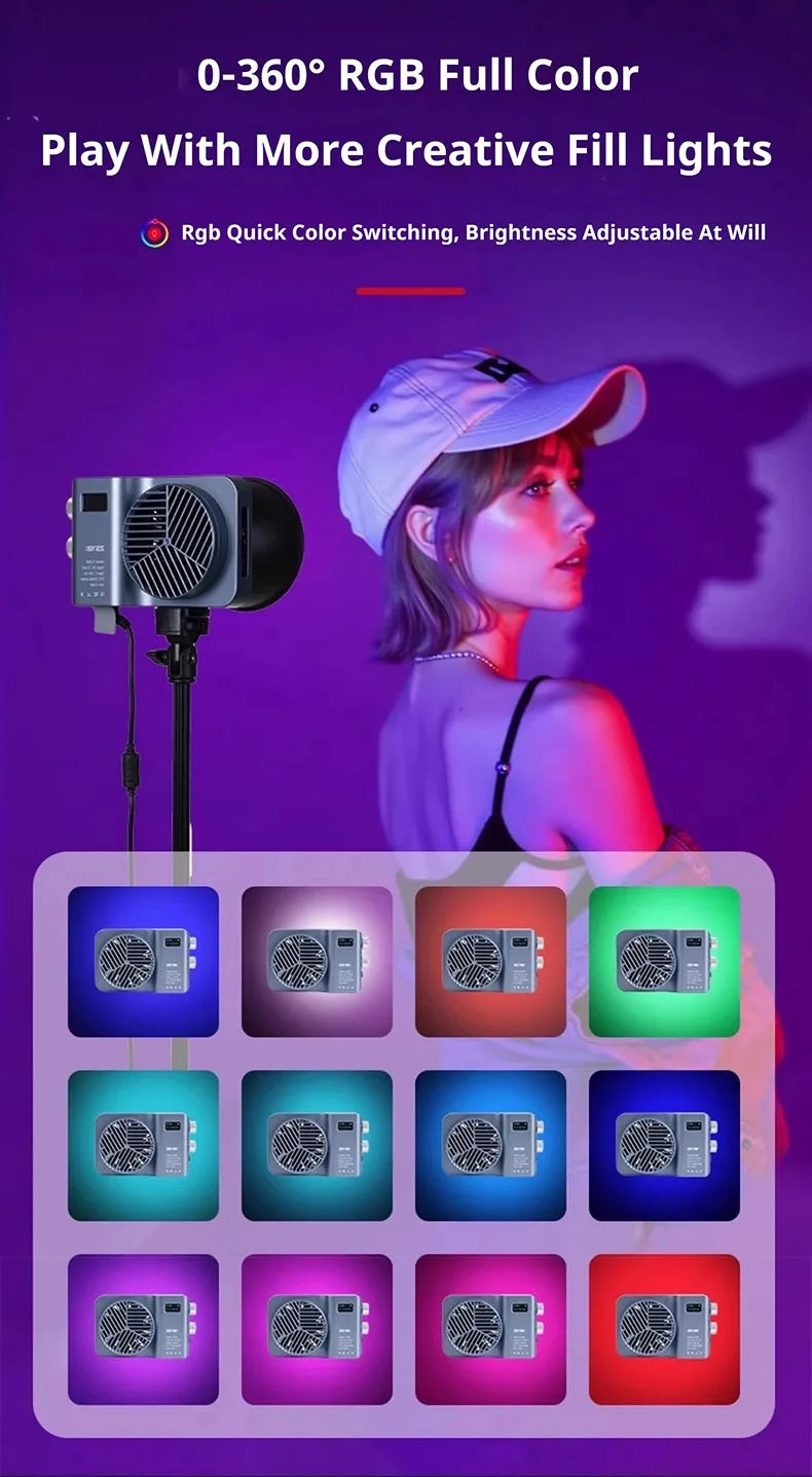 Grey, rectangular RGB LED video light on a tripod stand, capable of displaying a wide range of colors for photography.