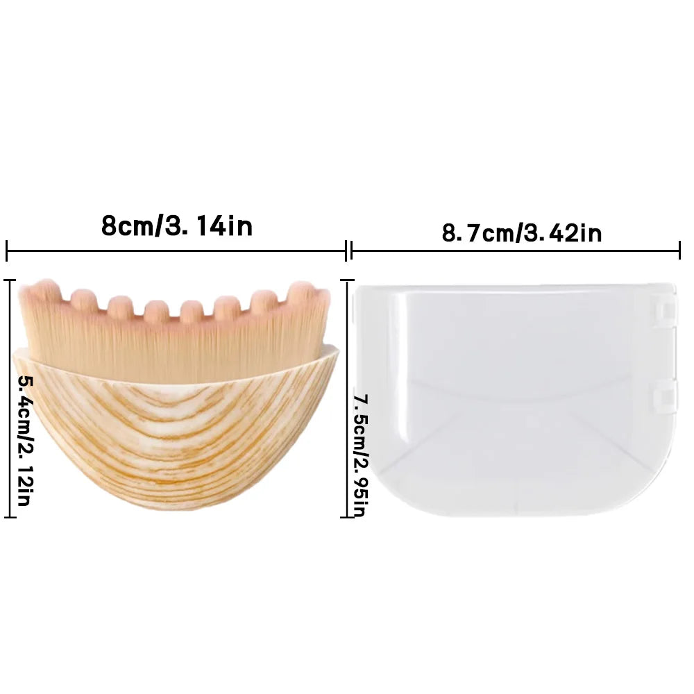 Contouring facial massage brush with tan bristles, wood-grain base, and a clear protective storage case with dimensions.
