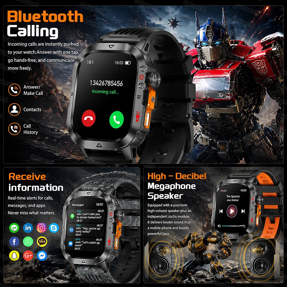 New 1000 MAh Battery Military Smartwatch 2.01" AMOLED Screen 5ATM Waterproof Fitness Tracker Sports Smart Watch For Android iOS