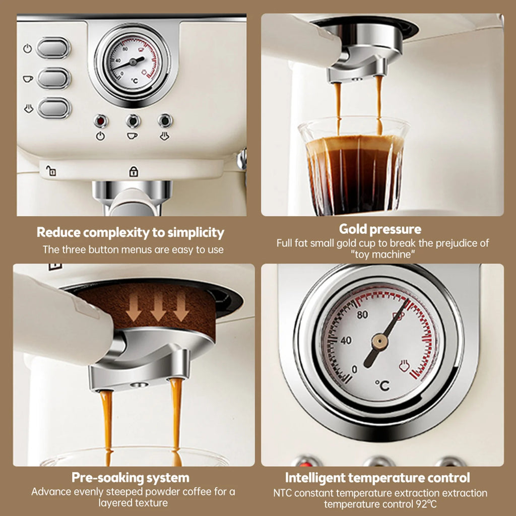 Cream white espresso machine with chrome accents, pressure gauge, pre-soaking system, and three-button control panel.