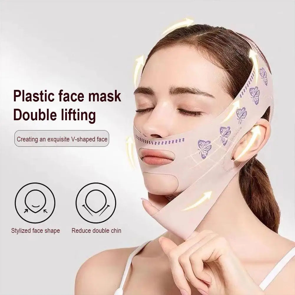 A woman wearing a beige V-line face-lifting strap with purple butterfly patterns, wrapped around chin and head.