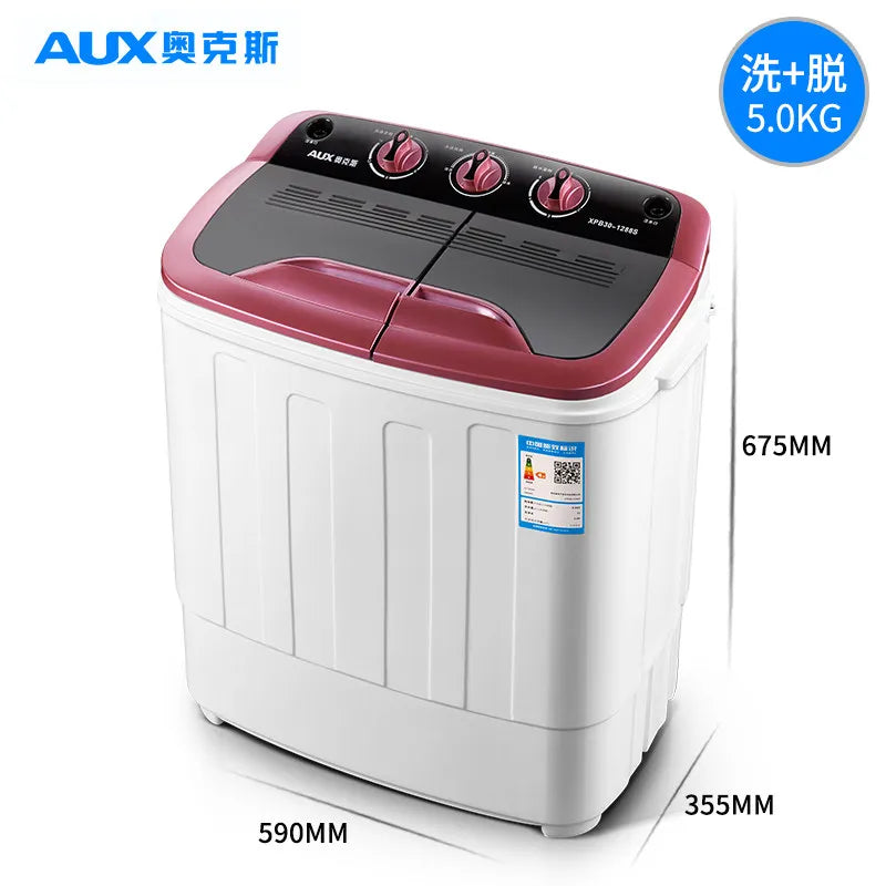 White dual barrel twin tub washing machine with red top control panel and black lid