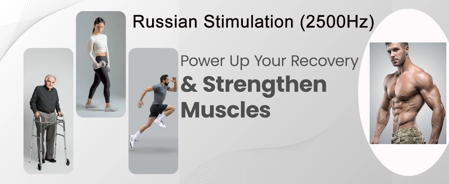 Russian Stimulation device advertisement showing diverse people training and recovering to strengthen muscles.