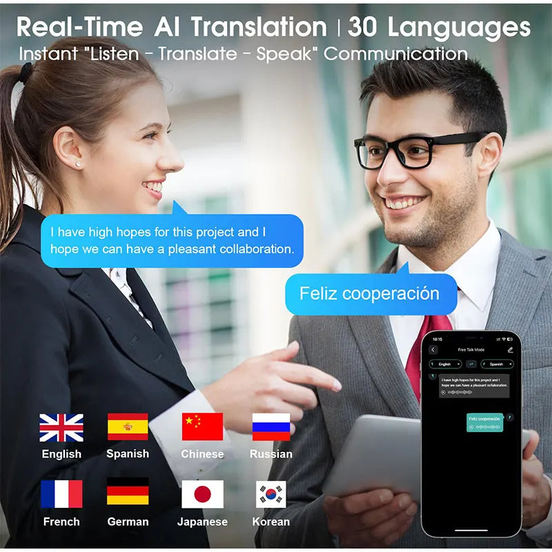A black smartphone screen showing a real-time AI translation app being used by a man and woman in business attire.