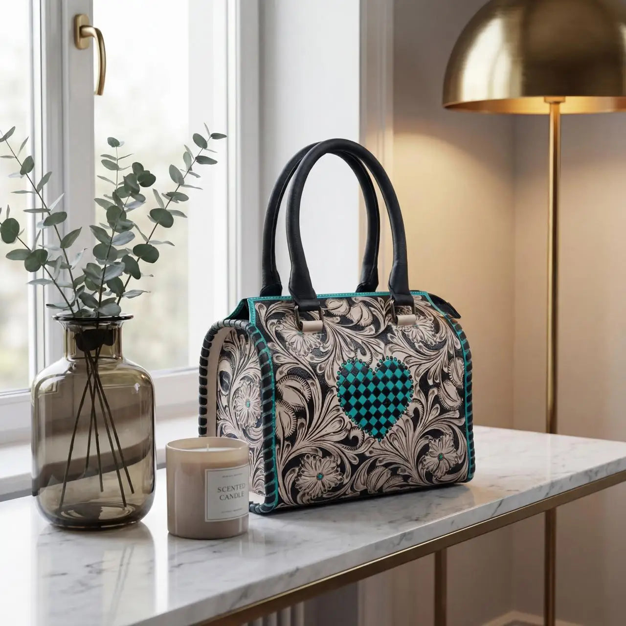 Genuine leather mini trunk bag with teal heart, floral pattern, and black handles. Luxury weekender duffle style.