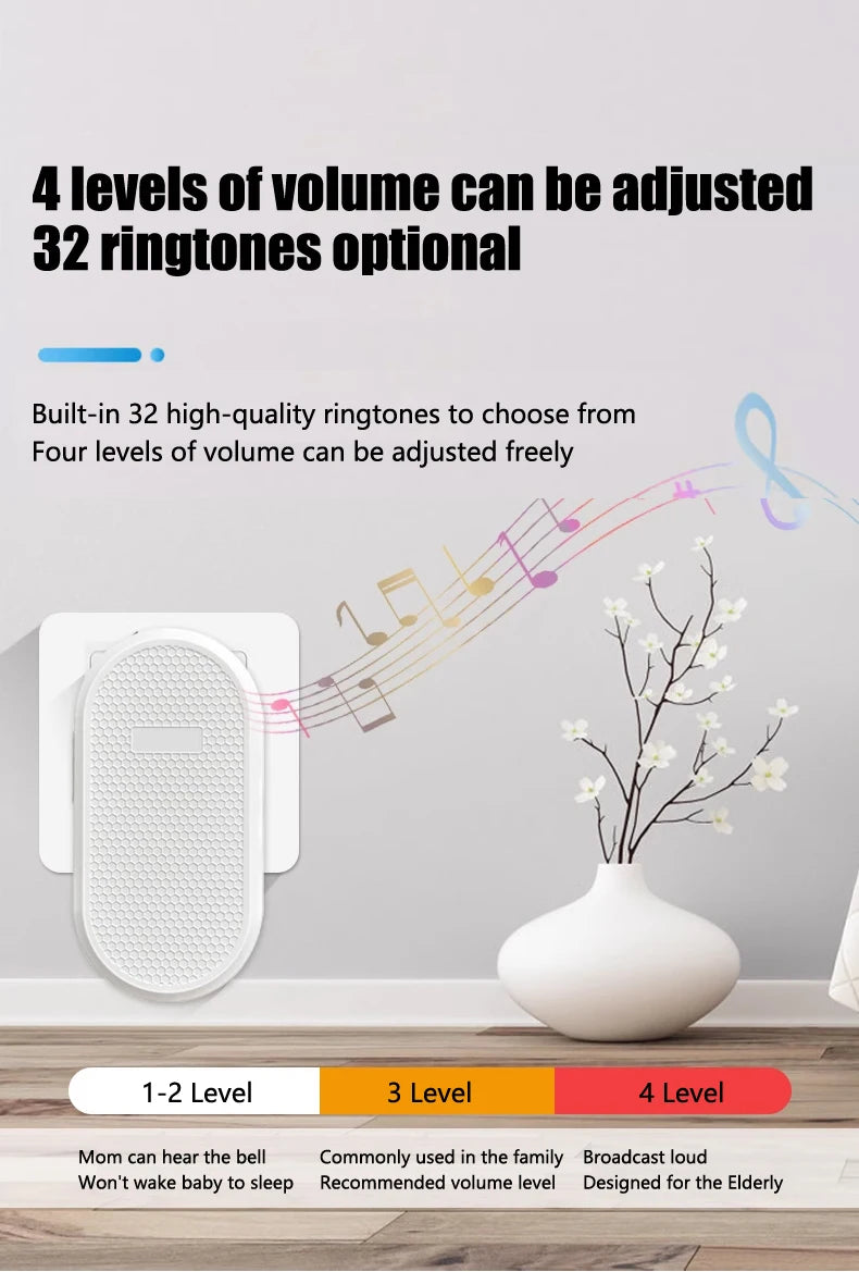 Wireless Doorbell Smart Home 200m Long Distance Remote Control Multi-tone Welcome Door Bell Volume Adjustment EU US Plug White