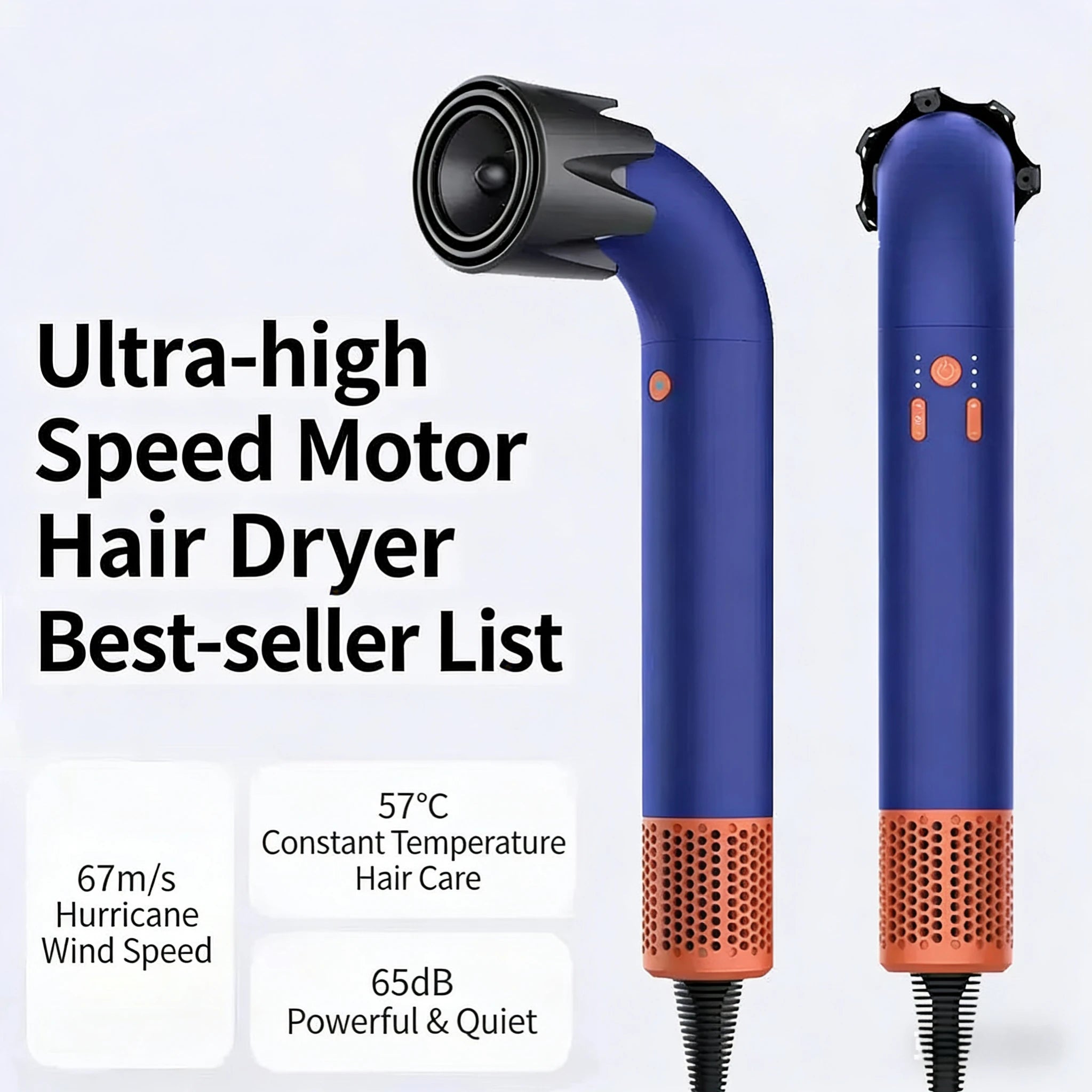 Blue and orange high-speed curved hair dryer with professional styling attachment for 30-second quick drying.
