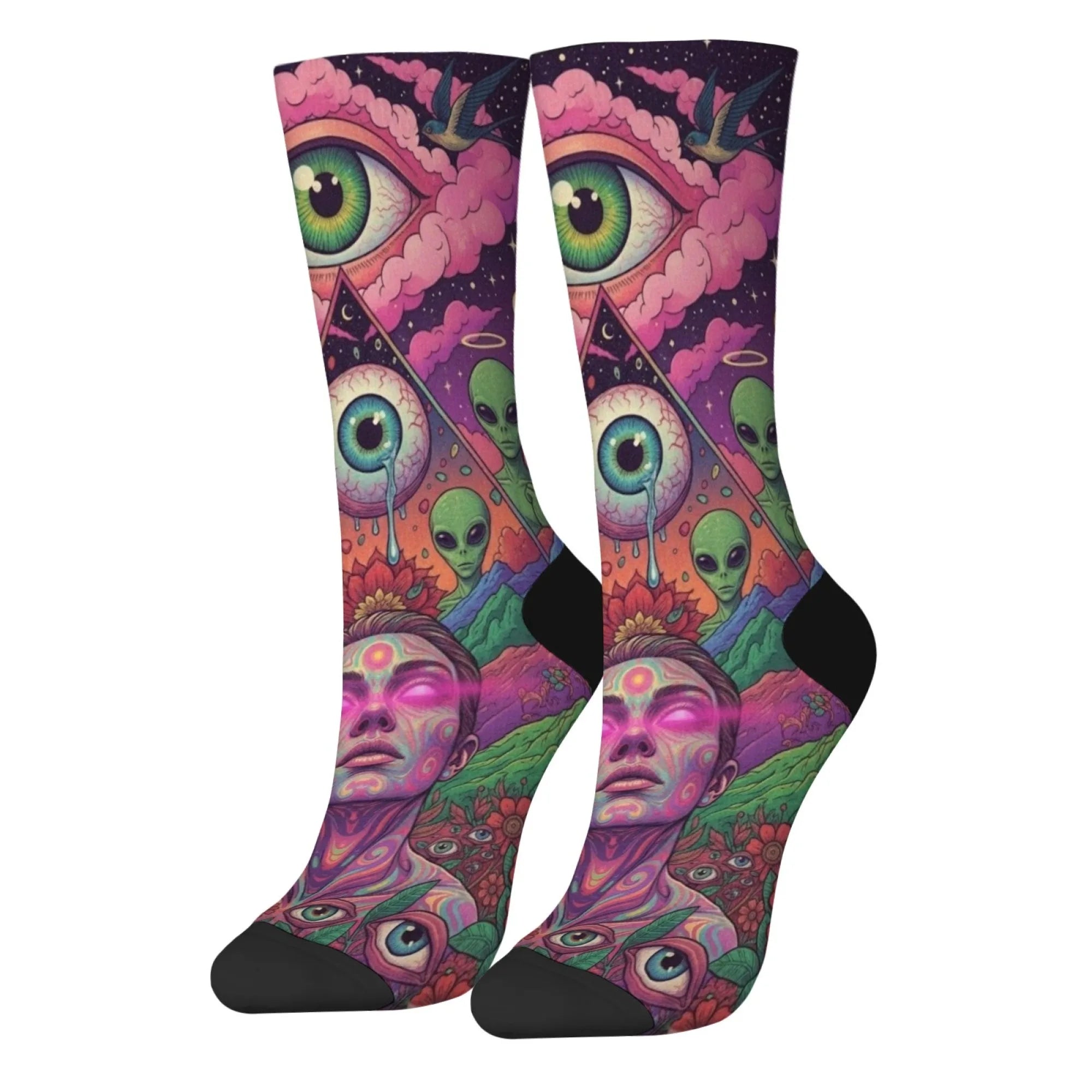 Mystery Eyes Happy Alien Psychedelic Socks Casual Fashion Men's Socks Novelty Funny Compression Socks Crazy Street Hip-Hop Socks