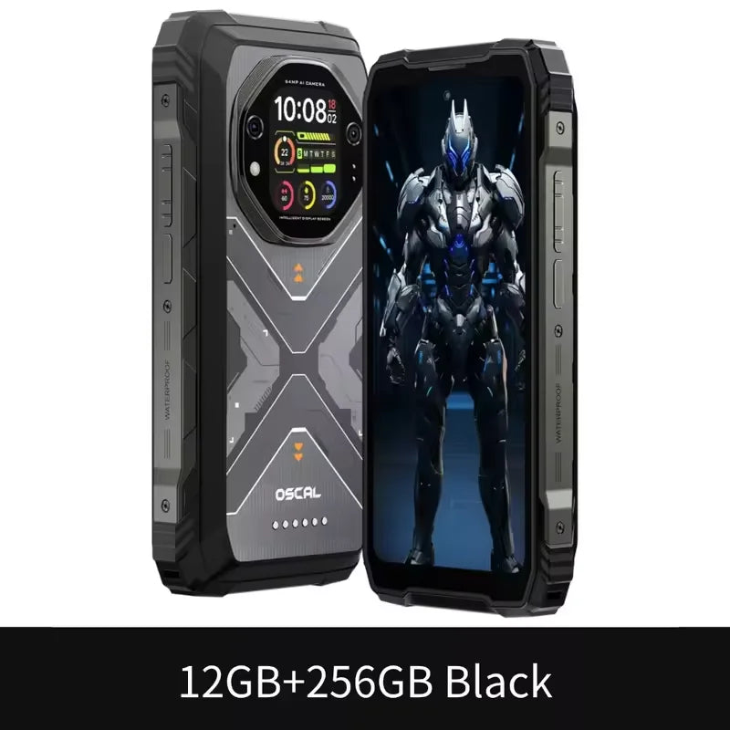 Blackview Oscal TANK 1 rugged phone, black, dual-view showing rear panel with secondary display and front screen.