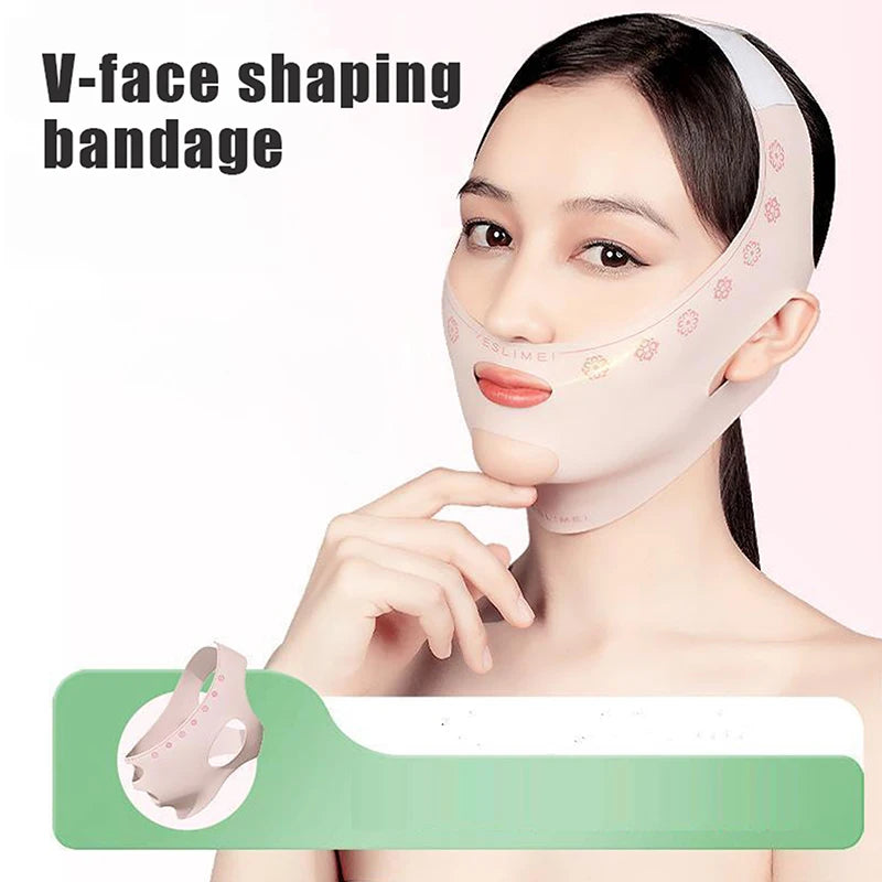 A woman wearing a pale pink, reusable V-line facial slimming bandage with patterned detailing over her chin and jaw.