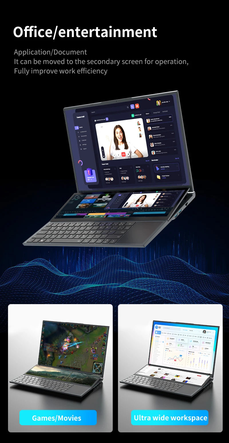 TUHUI Intel core I7-9750H Dual Screen Laptop 16 Inch Gaming Laptops 14 Inch Touch Screen 32G RAM 2TB SSD Notebook Win11 Computer