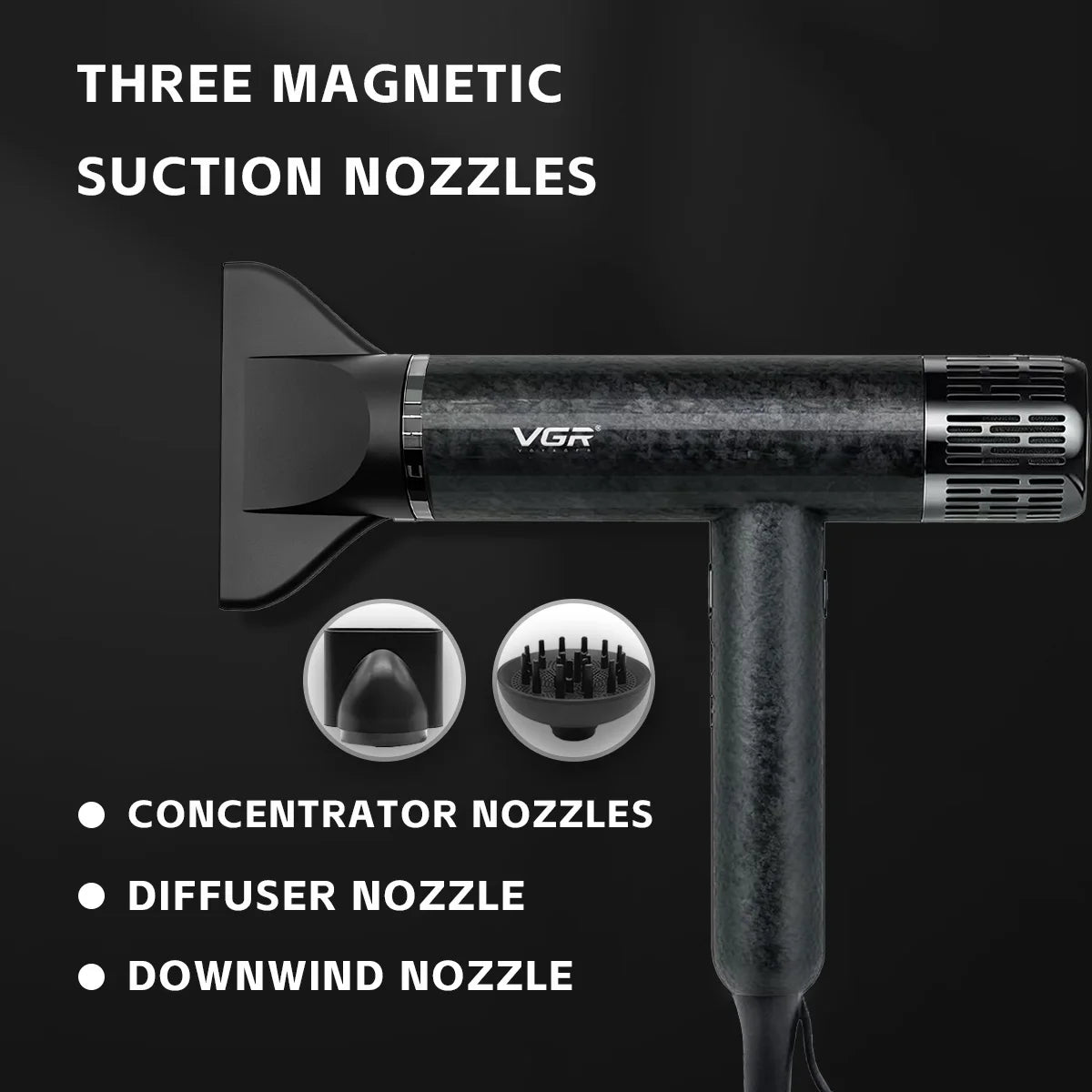 VGR V-401 professional hair dryer in black with 3 magnetic nozzles, concentrator, diffuser, and brushless motor.