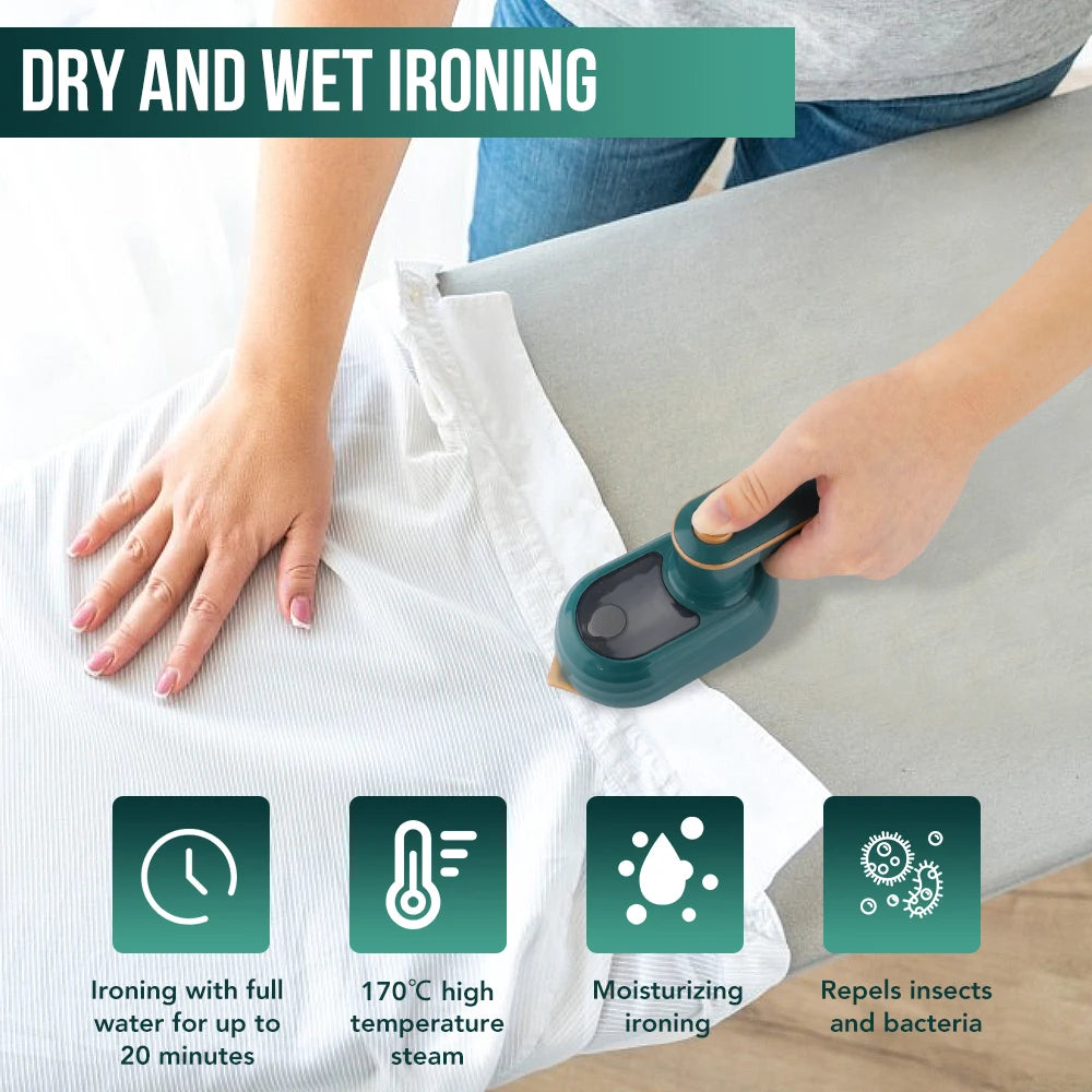 Tidesmit portable mini garment steamer featuring dual wet and dry ironing modes for home or travel use, side angle view.