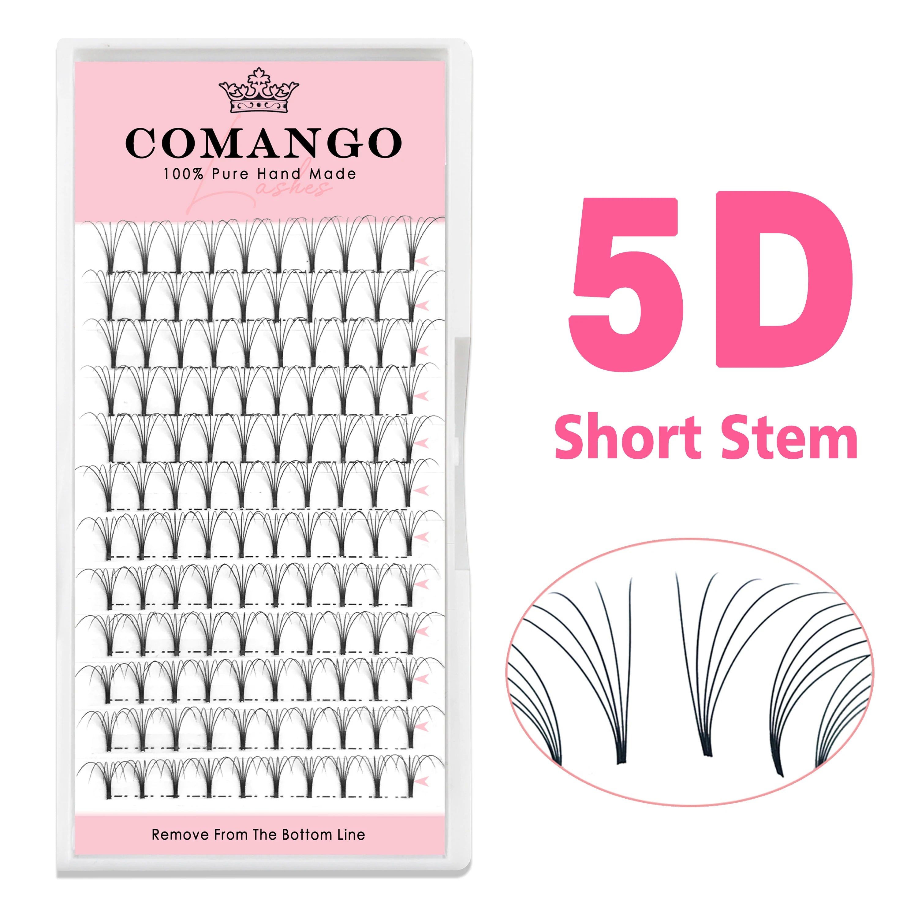 A tray of 5D short-stem premade Russian volume lash fans in black, with a magnifying inset view of the fan style.