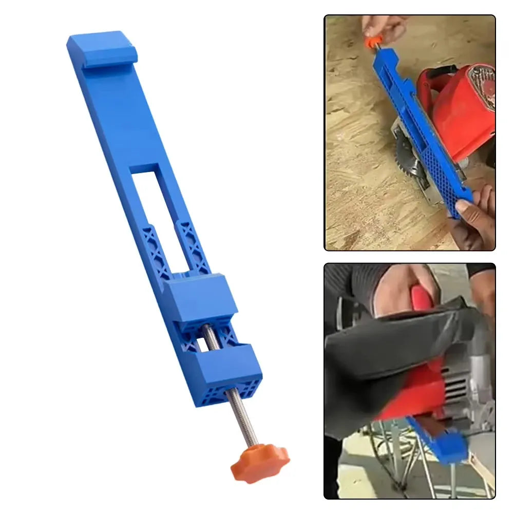Blue edge guide rail with orange adjustment knobs for precise circular saw cuts