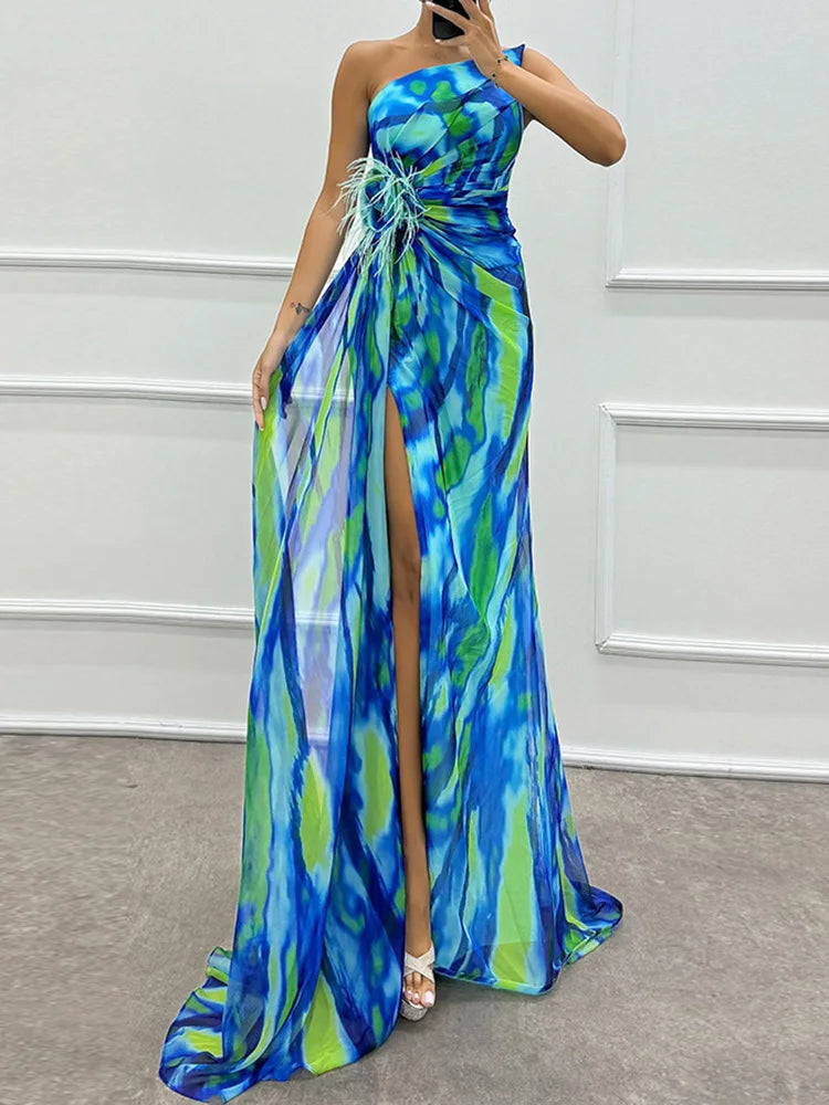 Printed Skew Collar Simple Party Dress, Women Summer Patchwork Sleeveless Elegant Maxi Dress, 2024 Backless Fashion Ladies Dress