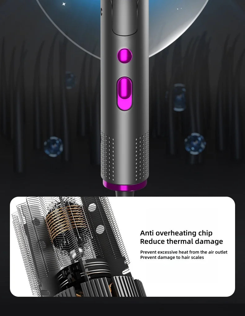 Grey foldable negative ion hair dryer with pink buttons, high-speed motor, and anti-overheating protection tech.