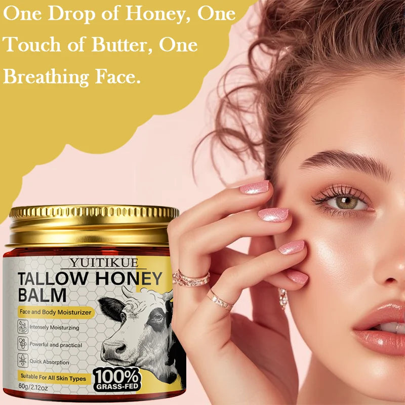 YUITIKUE 100% Grass-Fed Tallow Honey Balm | Intensely Moisturizing Face & Body Balm | Quick Absorption for All Skin Types 60g