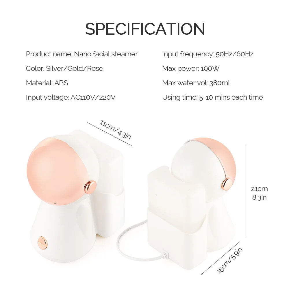 Nano facial steamer with rose gold accents, showing dimensions and specifications for home skin pore cleaning and sauna.