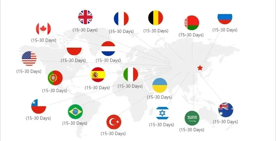 Shipping map for custom puppy mouse pad orders showing 15-30 day global delivery from warehouse.