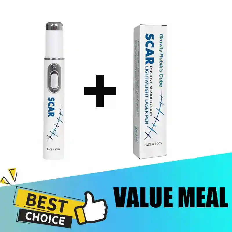 White scar removal laser pen and its tall, slender white box, labeled "Gravity Rubik's Cube" and "Scar" in blue text.