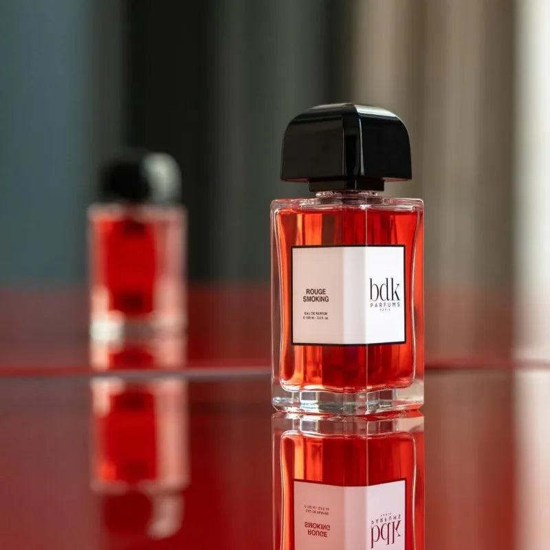 BDK Parfums Rouge Smoking 100ml EDP: Luxury unisex niche fragrance in a square glass bottle with a black cap.
