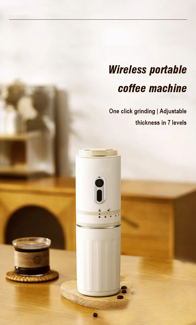 White wireless portable coffee machine with grinder and 7 adjustable thickness settings on a wooden table.