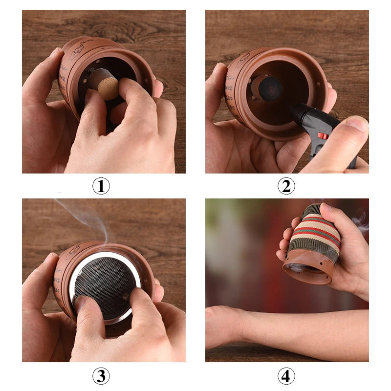 Four steps showing how to assemble and use a brown ceramic moxibustion cup with a moxa stick for skin therapy.