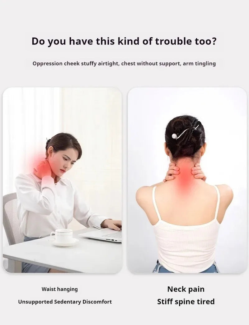 Side-by-side comparison showing women experiencing neck pain and sedentary discomfort from poor posture at a desk.