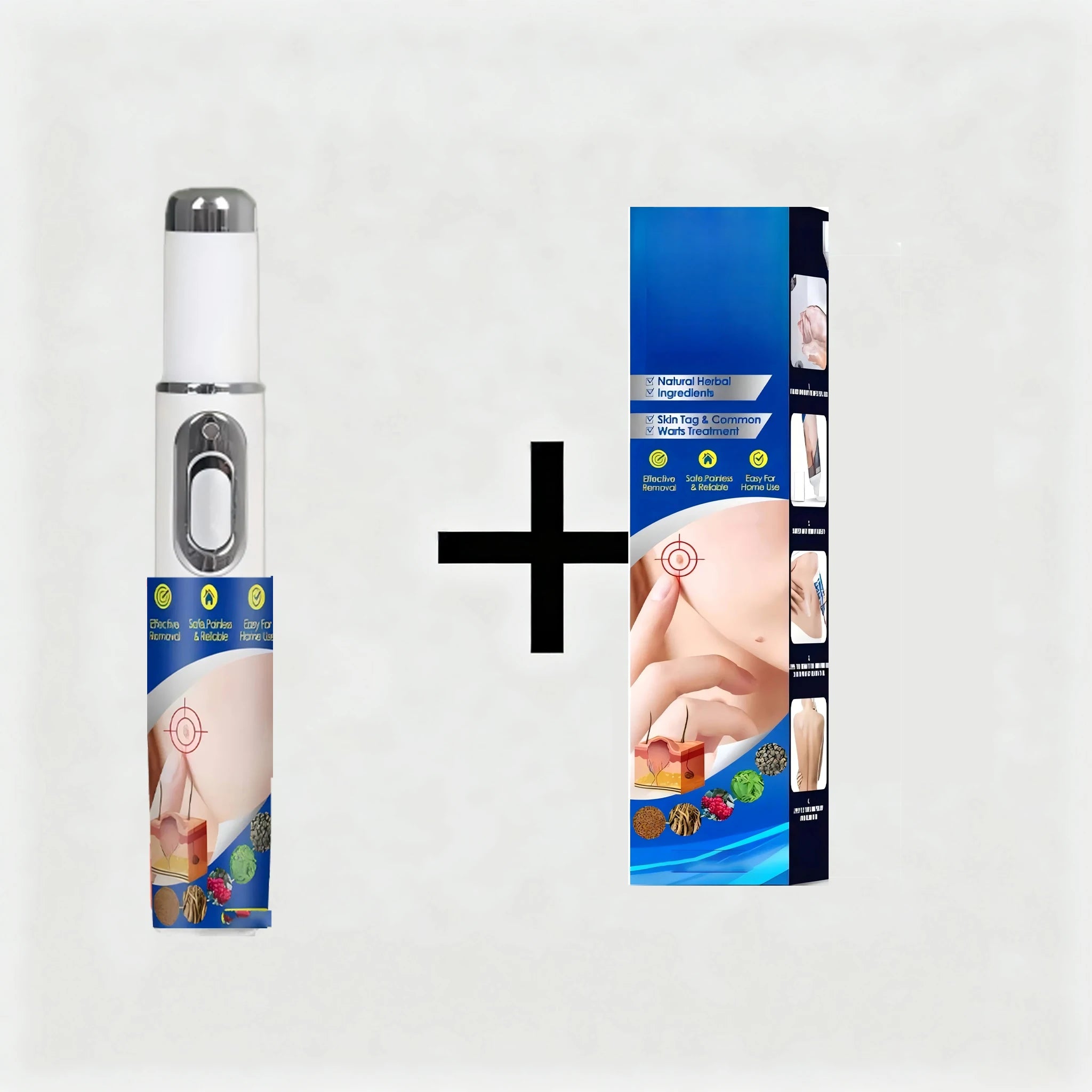 White handheld blue laser wart and skin tag removal tool with product packaging for easy home use treatment.