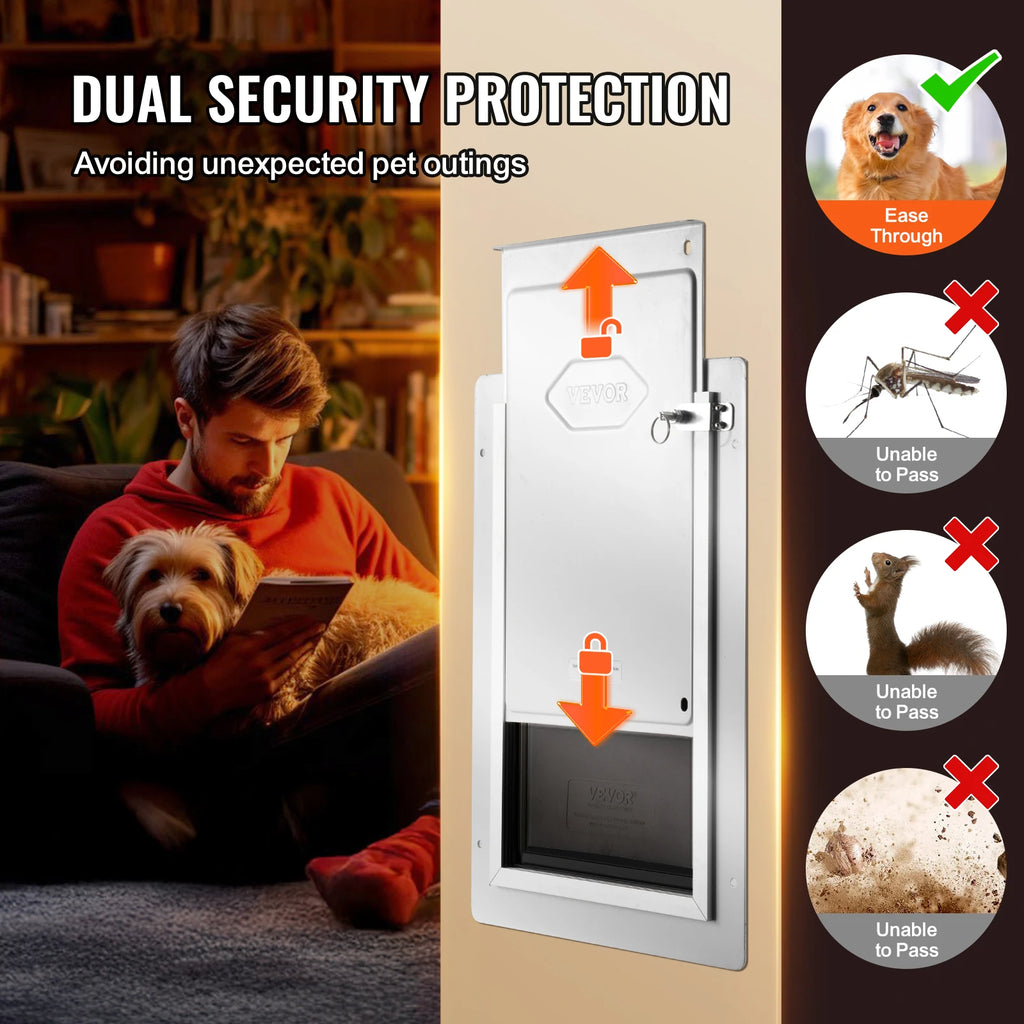 SucceBuy weatherproof metal pet door with 3-flap system and secure locking panel for interior or exterior wall installation.