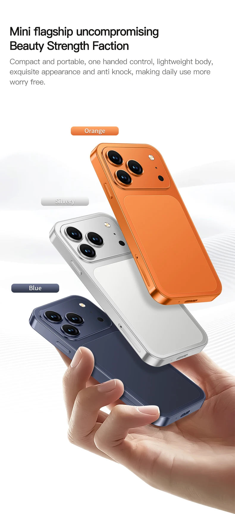 ONEMYTH A18 Pro 4-inch mini 4G smartphone in orange, silver, and blue showing back camera and compact design.