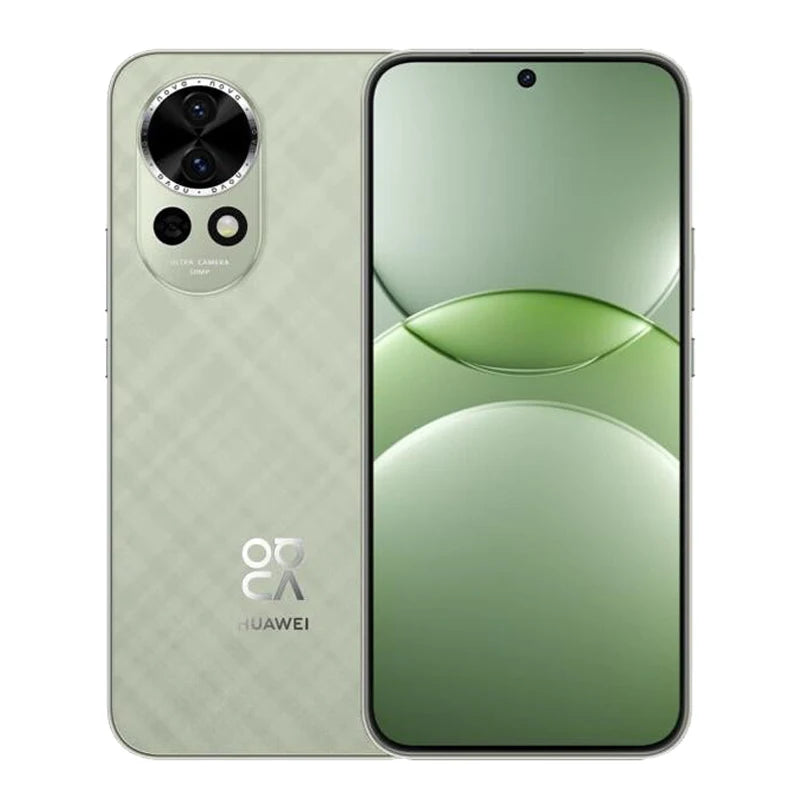 Green Huawei Nova 13 5G smartphone showing front screen and textured back with triple camera system.