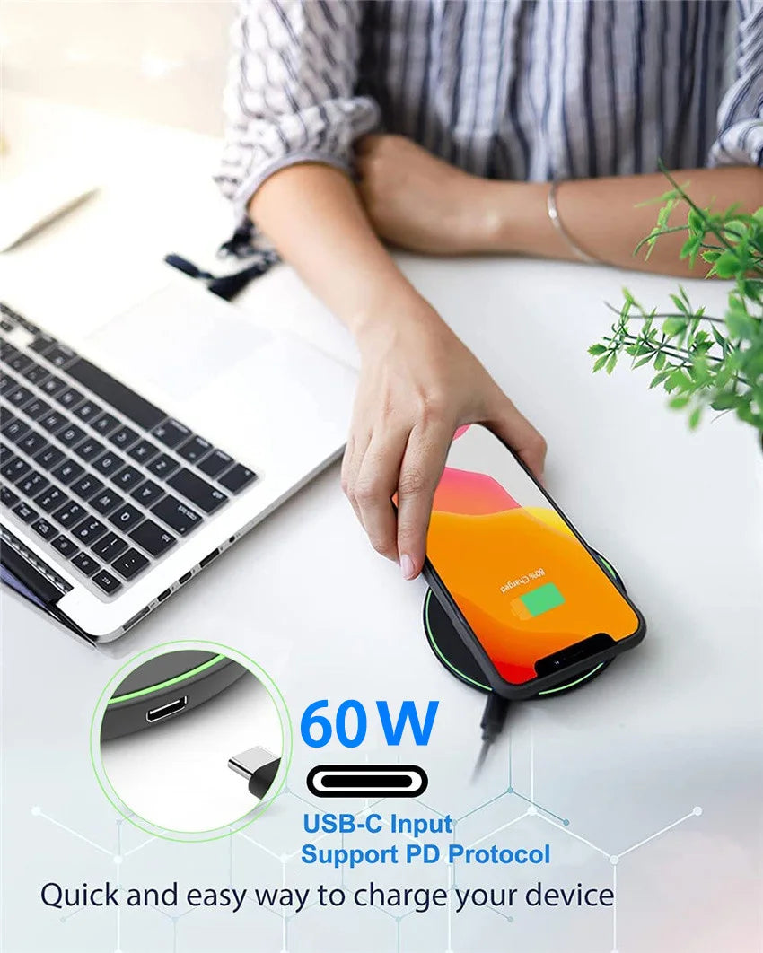 60W Fast Wireless Charging Dock - Qi Certified for iPhone and Samsung Tidesmit