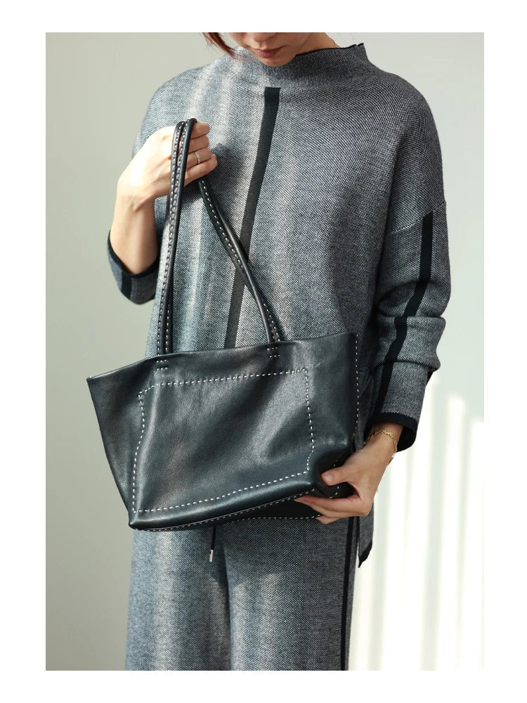 Women Large Capacity Genuine Leather Tote Soft Shoulder Bag