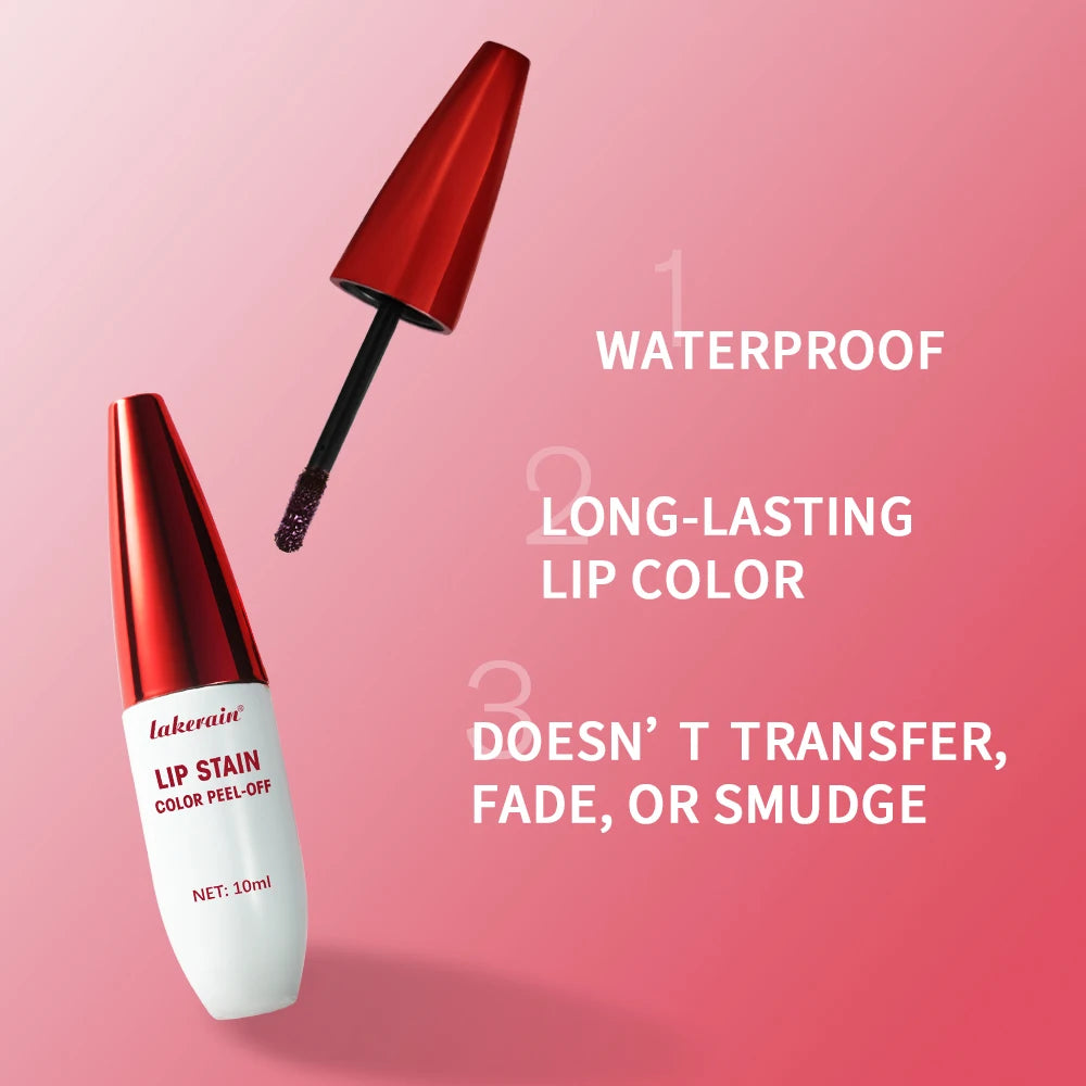 Lakerain waterproof peel-off lip stain with applicator, long-lasting matte tinted lip makeup in a white 10ml bottle.