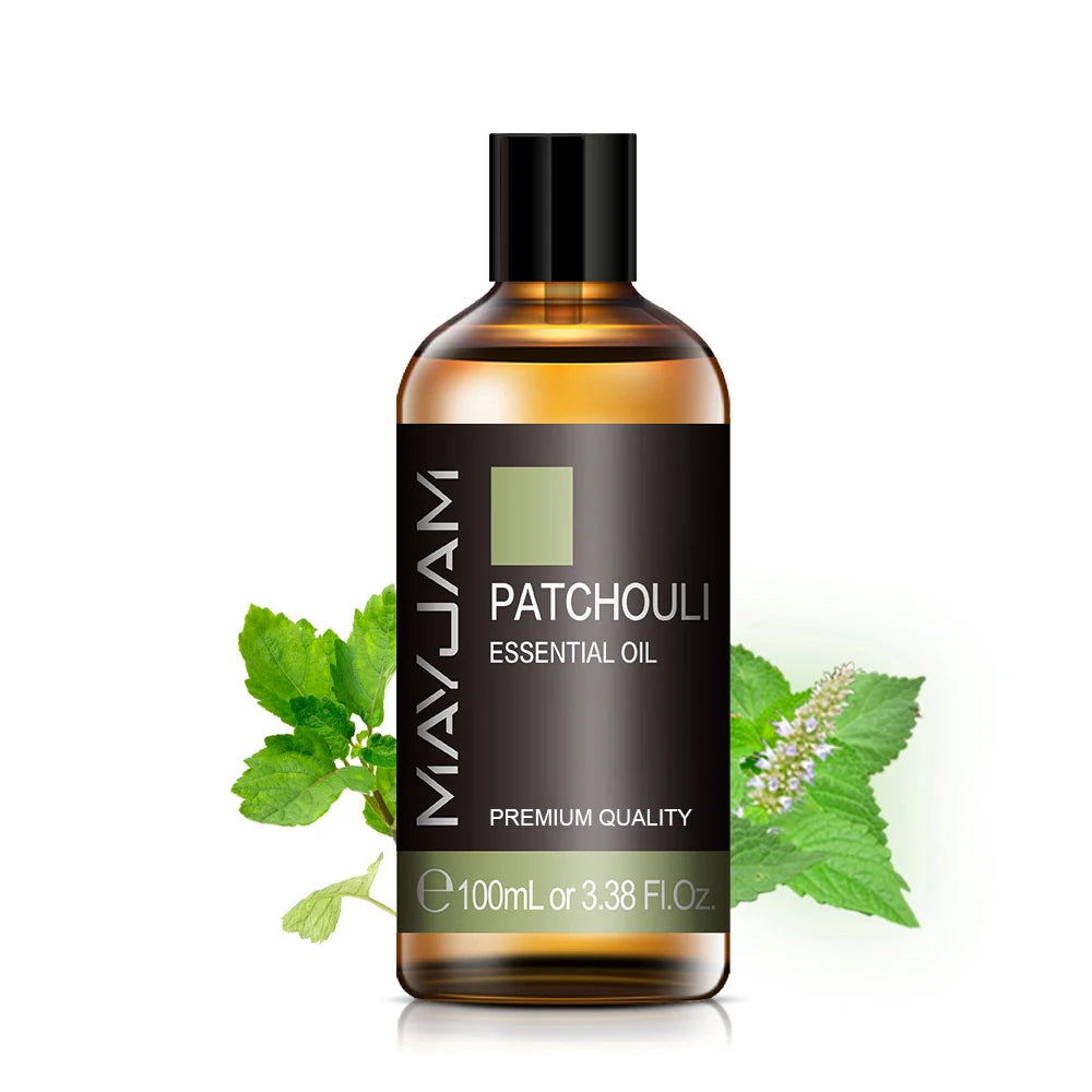 100ml patchouli essential oil bottle with black cap and amber label for diffusers.